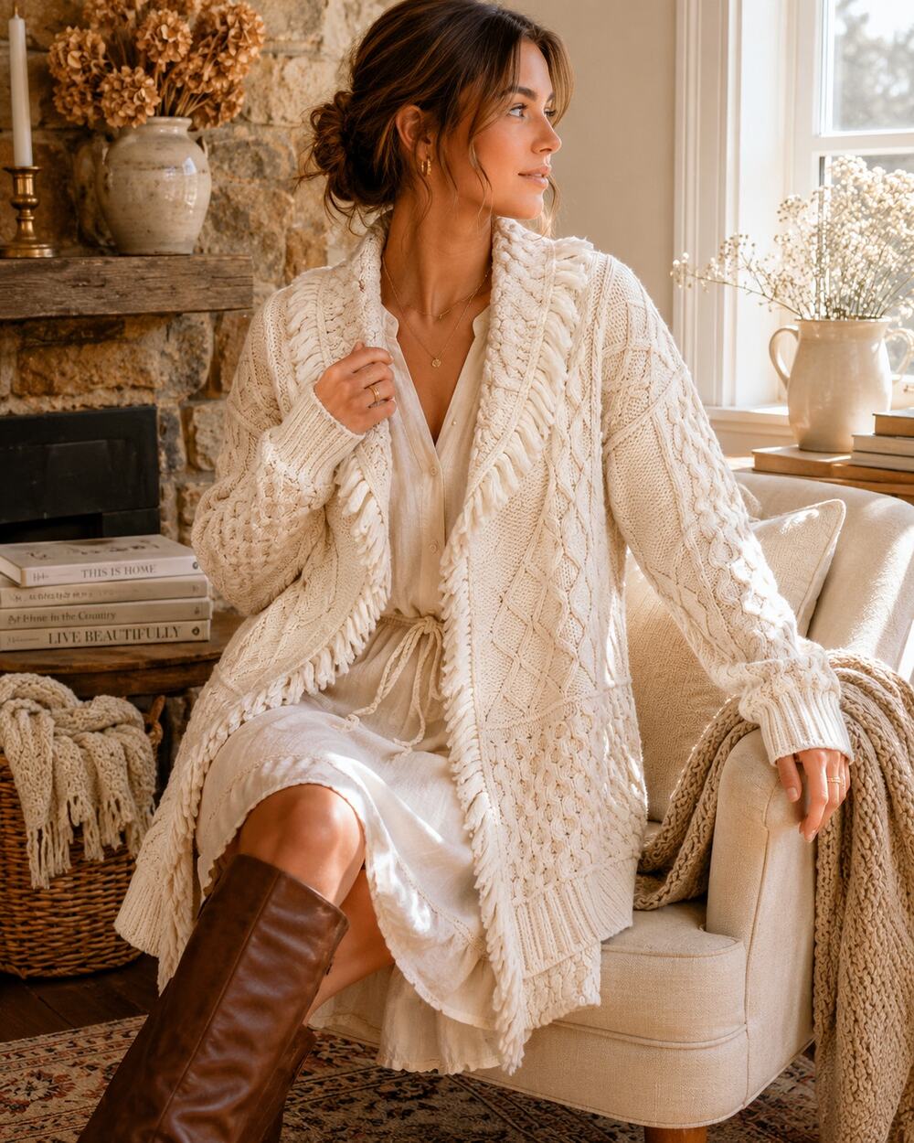 Vintage Cocogio Made in Italy Cable Knit Fringe Cardigan Sweater Medium ✨